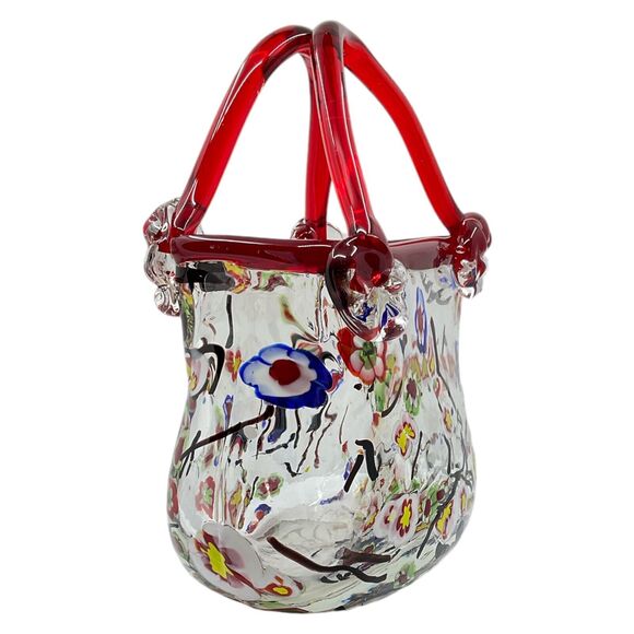 Murano Style Millefiori Red Art Glass Clutch Bag Purse Vase - Picture 2 of 6